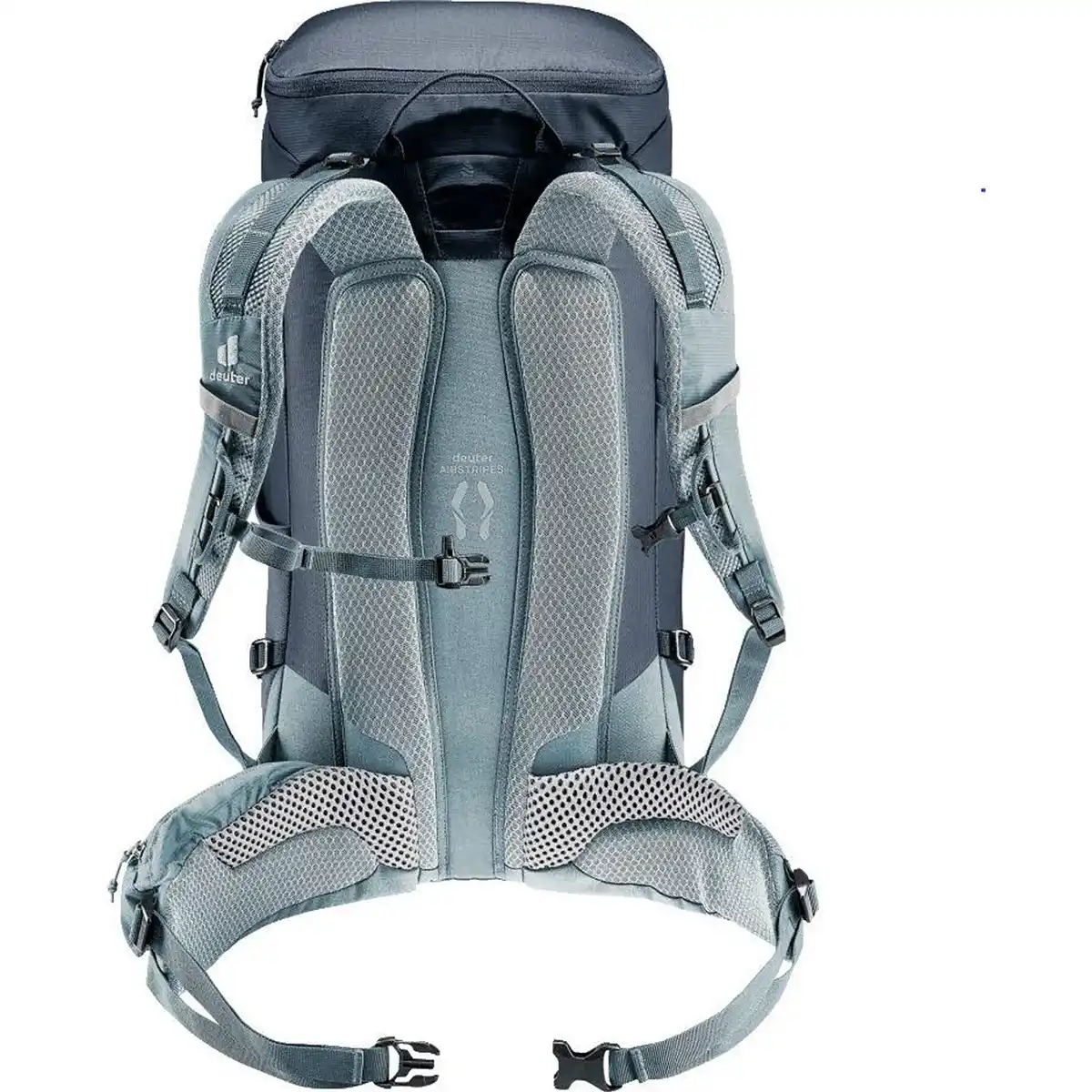 Der DEUTER Trail 30 Wanderrucksack in schwarz von deuter, hier in der Rückenansicht, verfügt über gepolsterte Schultergurte, einen Hüftgurt und das deuter Airstripes Tragesystem - ideal für den Komfort bei Bergwanderungen.
