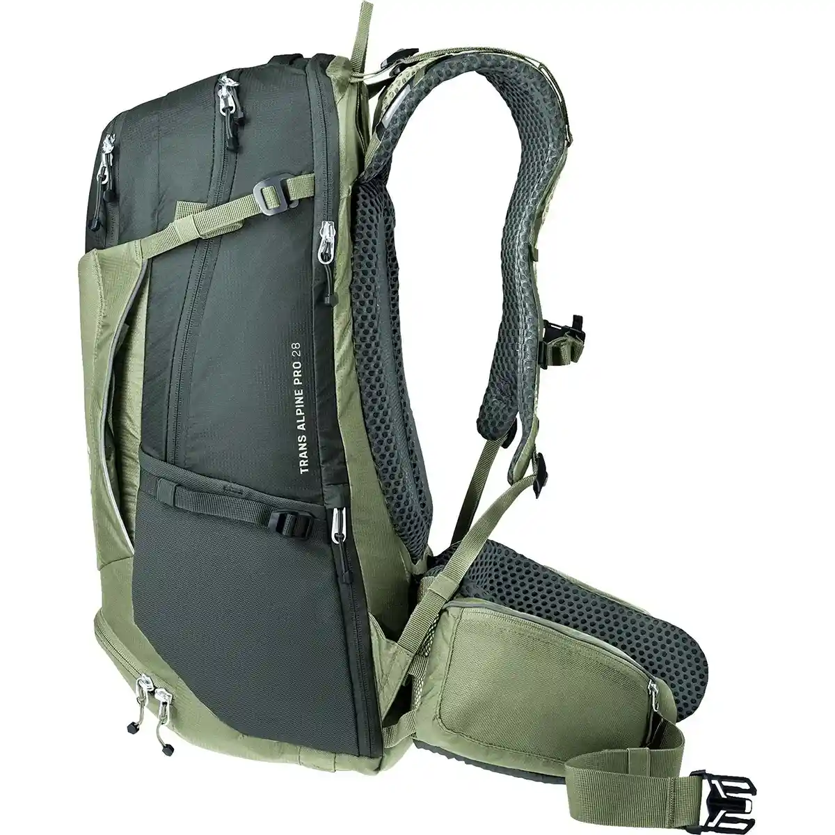 Der deuter DEUTER Trans Alpine Pro 28 Rucksack in grün ist mit gepolsterten Trägern, Hüftgurt und mehreren Reißverschlussfächern ausgestattet - perfekt für Alpenüberquerung oder Mountainbike-Touren. Seitenansicht abgebildet.