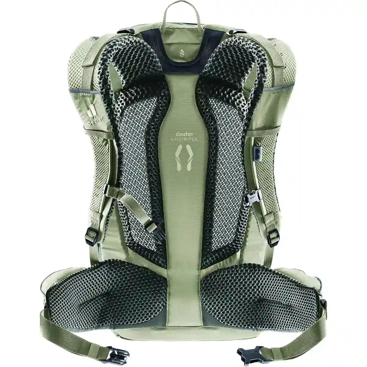 Der deuter Trans Alpine Pro 28 Rucksack in grün zeigt sich von hinten, mit belüfteten Trägern und Netzpolsterung - perfekt als Fahrradrucksack für Alpenüberquerung oder Mountainbike-Touren.