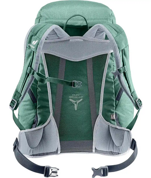 Der deuter Gröden 30 SL Wanderrucksack in grün zeigt sich in der Rückenansicht mit seinen gepolsterten Trägern und dem atmungsaktiven Aircomfort-Rückensystem aus Mesh.