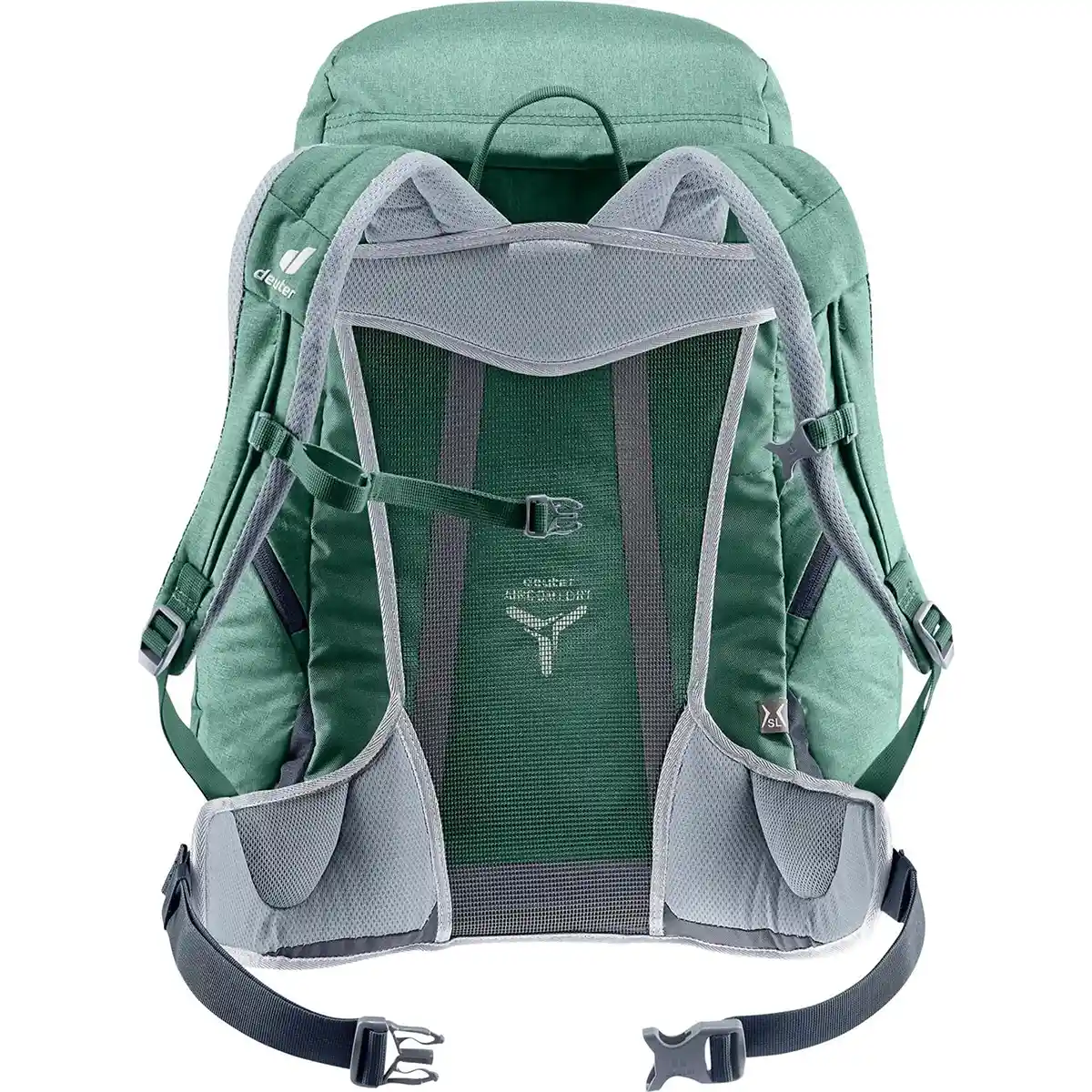 Der deuter Gröden 30 SL Wanderrucksack in grün zeigt sich in der Rückenansicht mit seinen gepolsterten Trägern und dem atmungsaktiven Aircomfort-Rückensystem aus Mesh.