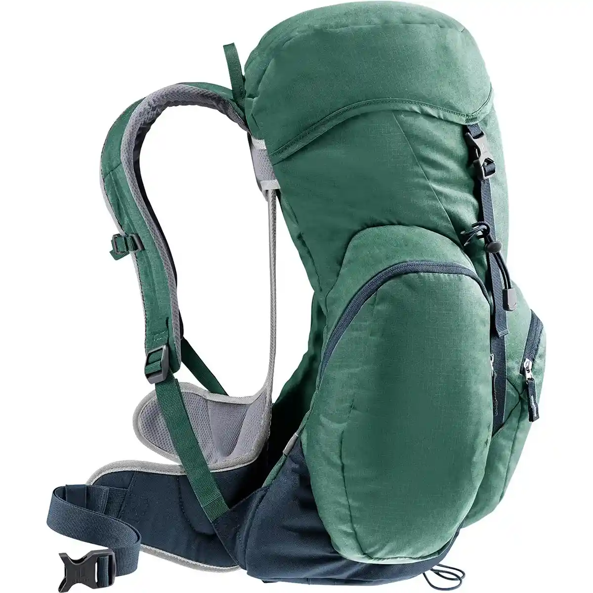 Grüner Deuter Gröden 30 SL Wanderrucksack von deuter, mit gepolsterten Trägern, Hüftgurt, Aircomfort-Rückensystem und mehreren Fächern, in der Seitenansicht.