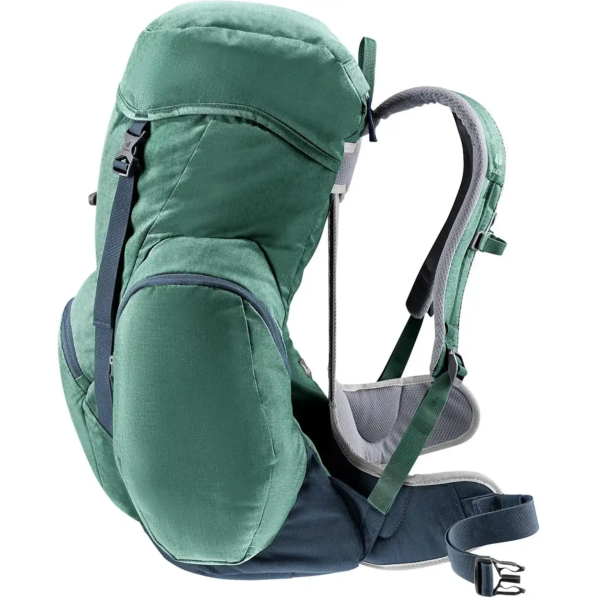 Der deuter Gröden 30 SL Wanderrucksack in grün ist mit gepolsterten Trägern, Hüftgurt, Sitzfläche und Aircomfort-Rückensystem für Belüftung und Komfort ausgestattet - perfekt als 30L Damen Wanderrucksack zum Wandern. Seitenprofil abgebildet.