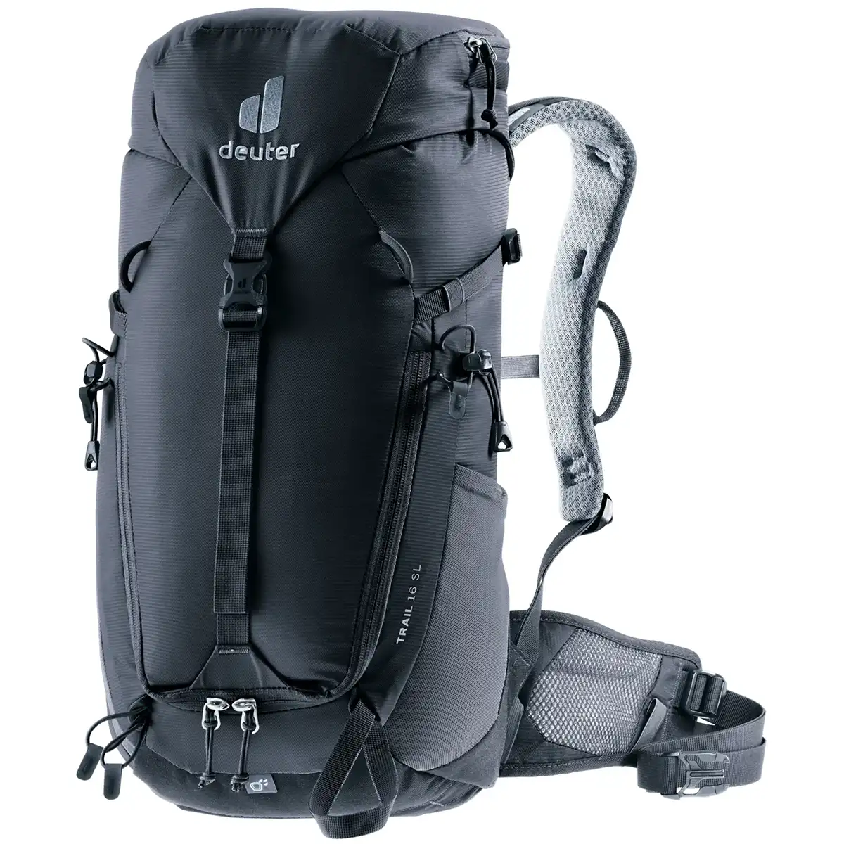 Der deuter DEUTER Trail 16 SL Wanderrucksack in schwarz verfügt über gepolsterte Schultergurte und mehrere Taschen, ideal für Klettersteige. Abgebildet auf weißem Hintergrund.