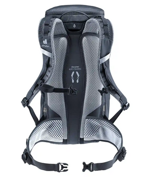 Der deuter Trail 16 SL Wanderrucksack in schwarz zeigt sich von hinten, mit gepolsterten Netzträgern und einem belüfteten Rücken - ideal als Kletterrucksack Damen für klettersteige Abenteuer.