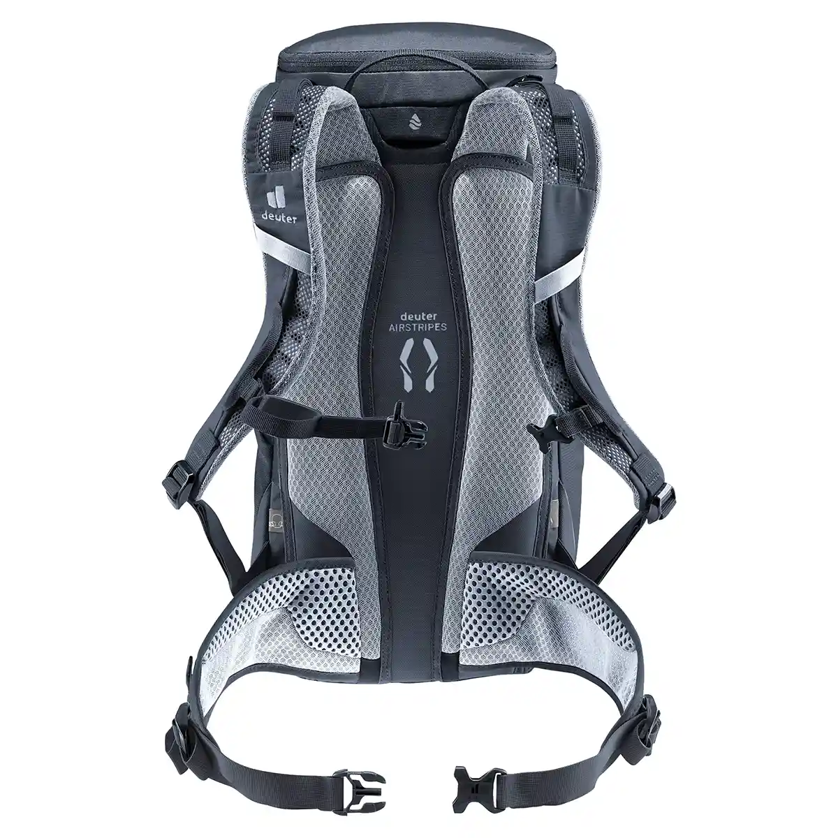 Der deuter Trail 16 SL Wanderrucksack in schwarz zeigt sich von hinten, mit gepolsterten Netzträgern und einem belüfteten Rücken - ideal als Kletterrucksack Damen für klettersteige Abenteuer.
