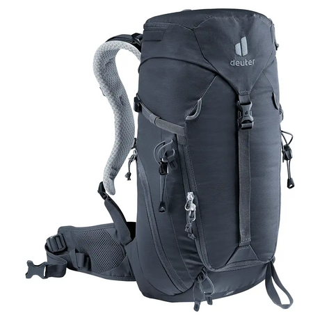 Der deuter DEUTER Trail 16 SL Wanderrucksack in schwarz mit gepolsterten Trägern, Seitentaschen und mehreren Schnallen - perfekt als Kletterrucksack Damen für Klettersteige - auf weißem Grund.