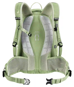 Rückansicht des deuter Superbike 16 SL Bike Rucksack - grün, mit gepolsterten Mesh-Gurten, Hüftgurt und dem komfortablen Airstripes Rückensystem.