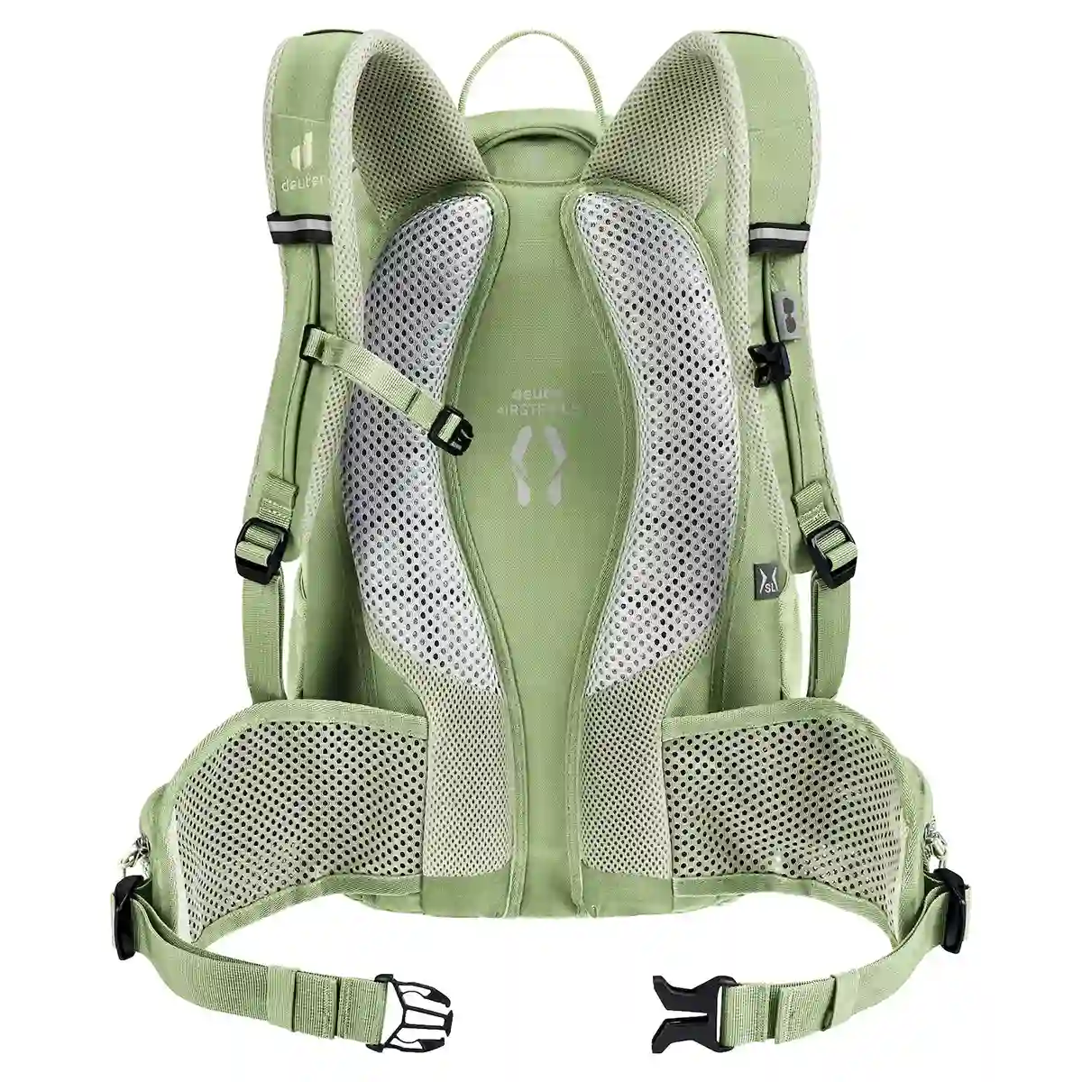 Rückansicht des deuter Superbike 16 SL Bike Rucksack - grün, mit gepolsterten Mesh-Gurten, Hüftgurt und dem komfortablen Airstripes Rückensystem.