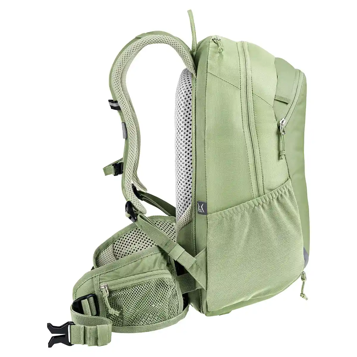 Der Deuter Deuter Superbike 16 SL Bike Rucksack - grün verfügt über gepolsterte Träger, Netzrücken mit Airstripes Rückensystem, Seitentaschen und eine Hüftgurttasche mit Reißverschluss - ideal für Fahrer, die Komfort und Funktionalität suchen.