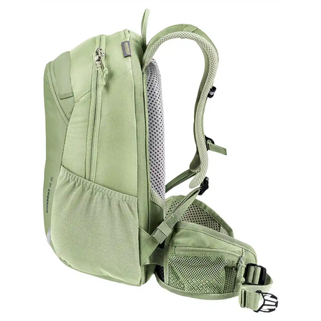 Der deuter Superbike 16 SL Bike Rucksack - grün verfügt über Seitentaschen, Netzpolsterung, verstellbare Schulter- und Hüftgurte und das Airstripes Rückensystem; im Profil dargestellt.