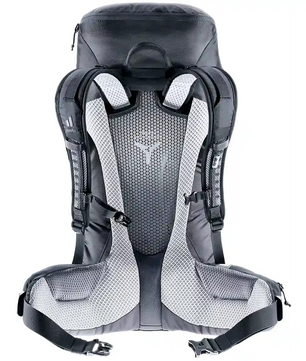 Rückansicht des deuter Futura Pro 36 Jaypack Fotorucksacks in schwarz mit gepolsterten Trägern, Netzrücken und Hüftgurt - perfekt für den Transport von DSLR und Kameraausrüstung auf Wanderungen.