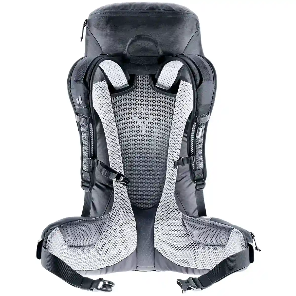 Rückansicht des deuter Futura Pro 36 Jaypack Fotorucksacks in schwarz mit gepolsterten Trägern, Netzrücken und Hüftgurt - perfekt für den Transport von DSLR und Kameraausrüstung auf Wanderungen.
