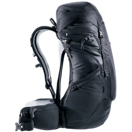 Der deuter Futura Pro 36 Jaypack Fotorucksack in Schwarz verfügt über gepolsterte Schultergurte und einen Hüftgurt, ideal für den Transport einer DSLR-Kameraausrüstung, hier in der Seitenansicht.
