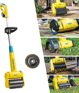 Die Gloria MultiBrush Akku-Bürste - gelb von Gloria, kompatibel mit BOSCH POWER FOR ALL 18V, enthält Aufsätze für die Reinigung von Außenflächen und Fugen.