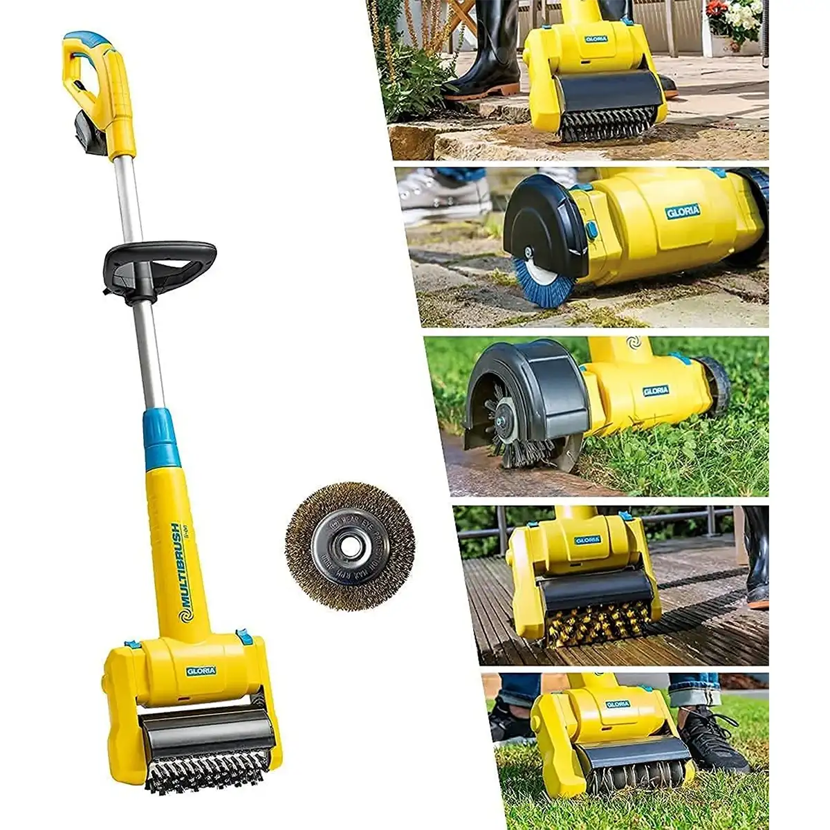 Die Gloria MultiBrush Akku-Bürste - gelb von Gloria, kompatibel mit BOSCH POWER FOR ALL 18V, enthält Aufsätze für die Reinigung von Außenflächen und Fugen.