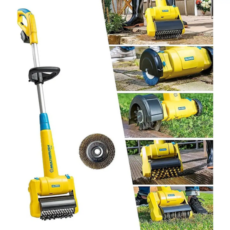 Die Gloria MultiBrush Akku-Bürste - gelb von Gloria, kompatibel mit BOSCH POWER FOR ALL 18V, enthält Aufsätze für die Reinigung von Außenflächen und Fugen.