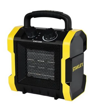 Das Stanley ST-222A-240-E Elektroheizgerät in Schwarz ist ein tragbarer Raumheizer mit einem praktischen Tragegriff und zwei Bedienknöpfen an der Oberseite. Es ist mit effizienten PTC-Keramik-Heizelementen ausgestattet, die für schnelle und gleichmäßige Wärme sorgen – ideal als industrieller Heizlüfter für Werkstätten, Garagen oder Büros.
