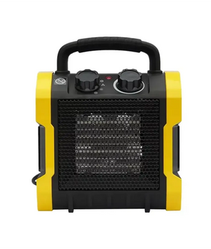 Stanley ST-222A-240-E Elektroheizgerät – schwarz: Tragbares schwarz-gelbes Elektroheizgerät mit Griff und Drehreglern, ausgestattet mit PTC-Keramik-Heizelementen für effiziente Wärmeabgabe; Frontgitter sichtbar. Marke: Stanley.