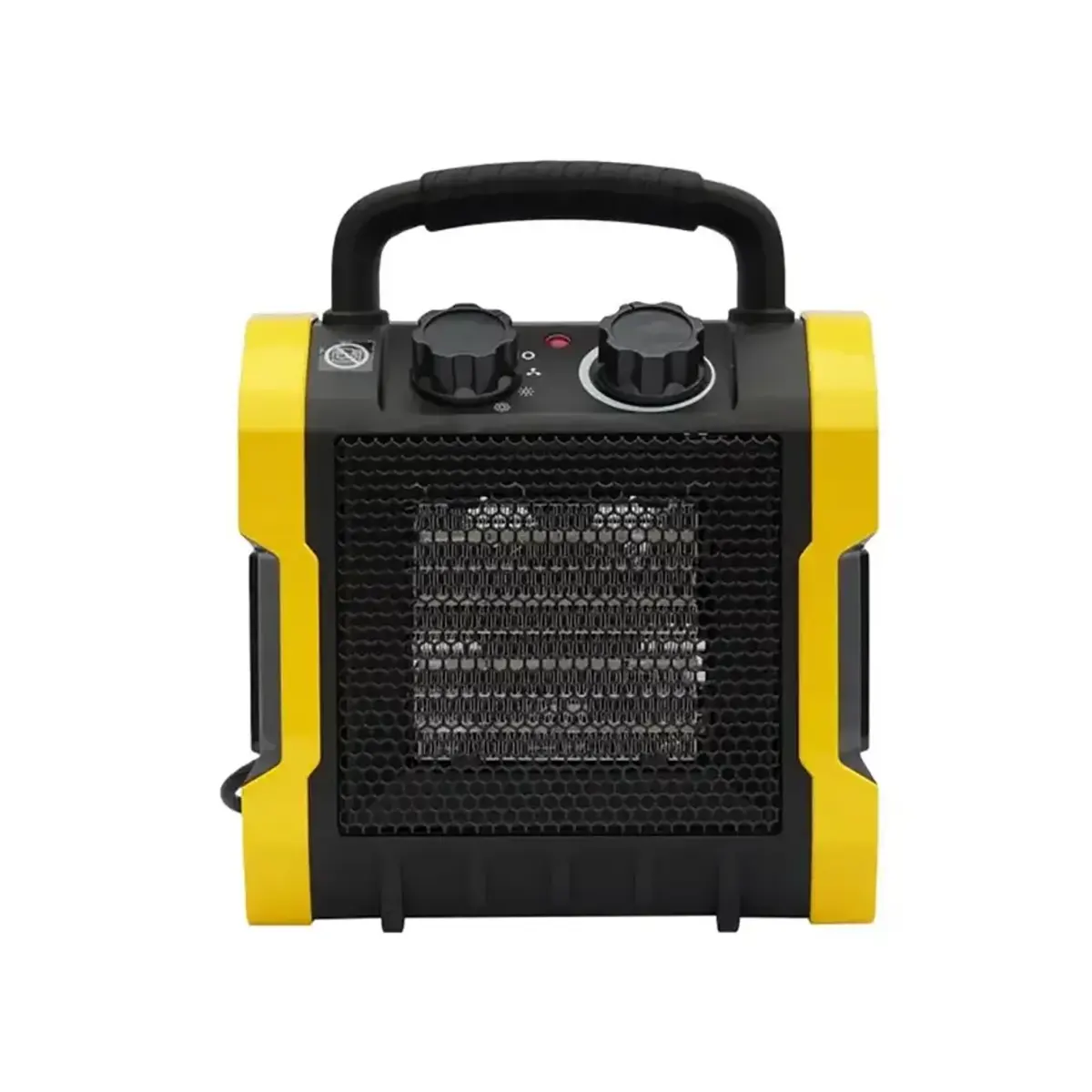 Stanley ST-222A-240-E Elektroheizgerät – schwarz: Tragbares schwarz-gelbes Elektroheizgerät mit Griff und Drehreglern, ausgestattet mit PTC-Keramik-Heizelementen für effiziente Wärmeabgabe; Frontgitter sichtbar. Marke: Stanley.