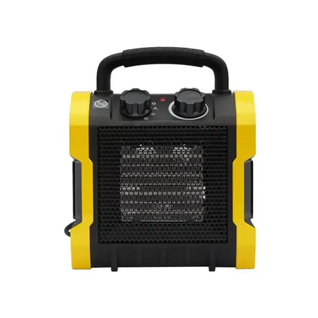 Stanley ST-222A-240-E Elektroheizgerät – schwarz: Tragbares schwarz-gelbes Elektroheizgerät mit Griff und Drehreglern, ausgestattet mit PTC-Keramik-Heizelementen für effiziente Wärmeabgabe; Frontgitter sichtbar. Marke: Stanley.