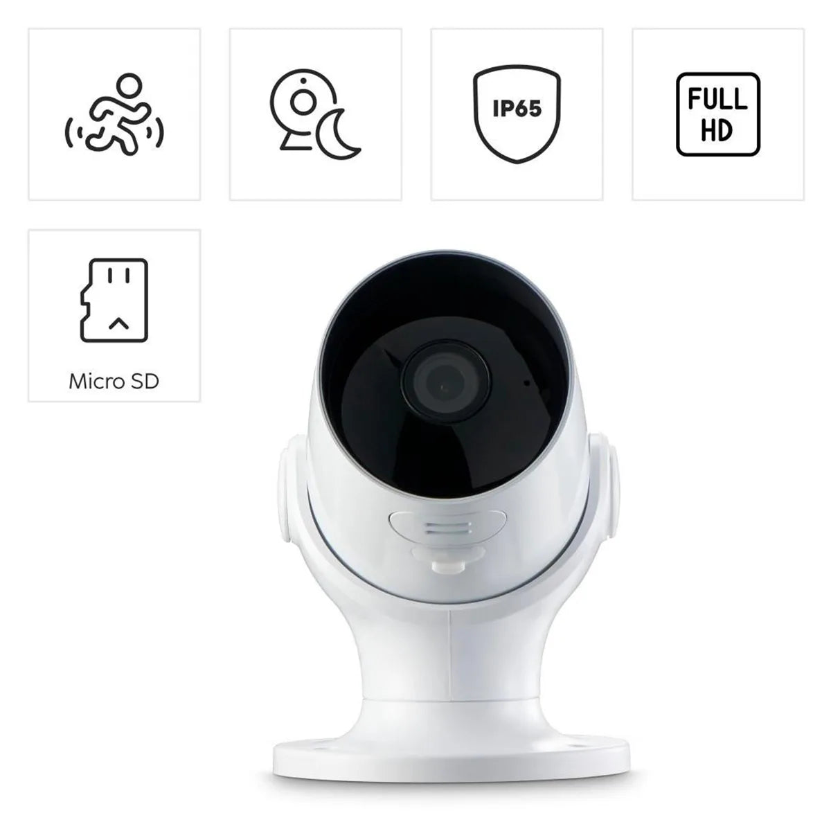 Die weiße Hama WLAN-Außenkamera bietet Bewegungserkennung, Nachtsicht, Schutzart IP65, Full HD-Auflösung und unterstützt Micro SD-Karten.