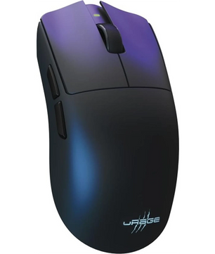Die uRage Reaper 820 Gaming-Maus - Schwarz von uRage bietet ein schwarzes Design, zwei seitliche Tasten, ein blau beleuchtetes Logo auf der Handballenablage und einen hochpräzisen Pixart-Sensor für optimale Spieleleistung.