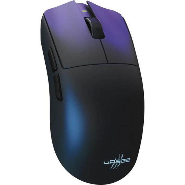 Die uRage Reaper 820 Gaming-Maus - Schwarz von uRage bietet ein schwarzes Design, zwei seitliche Tasten, ein blau beleuchtetes Logo auf der Handballenablage und einen hochpräzisen Pixart-Sensor für optimale Spieleleistung.