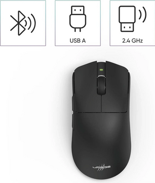 Die uRage Reaper 820 Gaming-Maus - Schwarz von uRage verfügt über Pixart Sensor, Bluetooth, USB A und 2,4 GHz Konnektivitätssymbole über ihr.