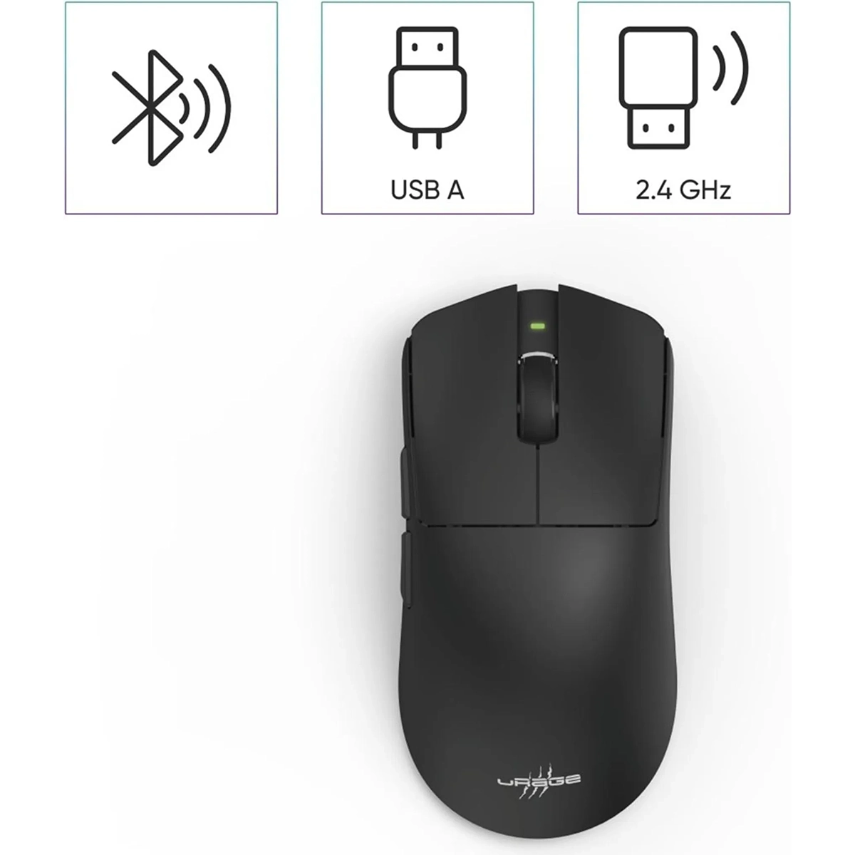 Die uRage Reaper 820 Gaming-Maus - Schwarz von uRage verfügt über Pixart Sensor, Bluetooth, USB A und 2,4 GHz Konnektivitätssymbole über ihr.