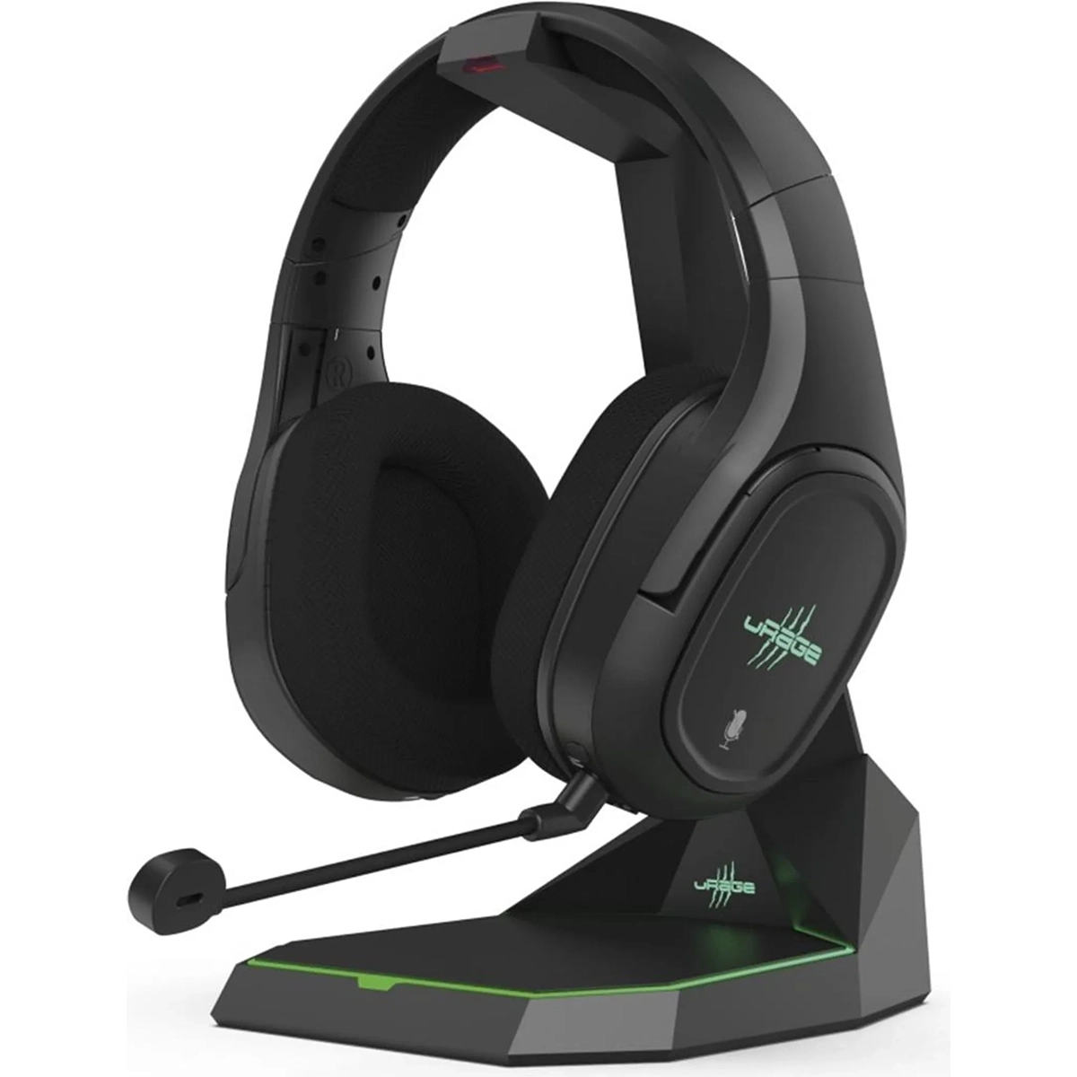 Das uRage SoundZ 920 Gaming-Headset - Schwarz von uRage mit DTS Headphone:X 2.0 Surround Sound und einem Mikrofon ruht auf einer stylischen schwarzen Ladestation mit grünen LED-Leuchten.