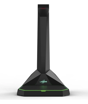 Ein schwarzer, kantiger uRage-Headset-Ständer mit grünem LED-Sockel, der sich perfekt für die Präsentation Ihres uRage SoundZ 920 Gaming-Headset - Schwartz oder als Ladestation eignet, abgebildet auf weißem Hintergrund.