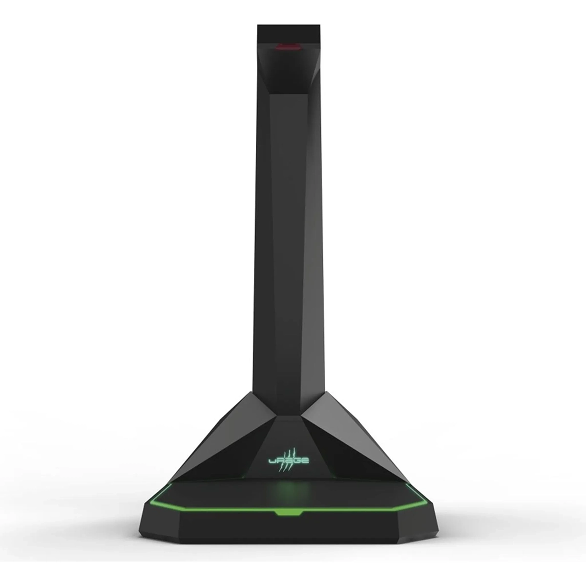 Ein schwarzer, kantiger uRage-Headset-Ständer mit grünem LED-Sockel, der sich perfekt für die Präsentation Ihres uRage SoundZ 920 Gaming-Headset - Schwartz oder als Ladestation eignet, abgebildet auf weißem Hintergrund.