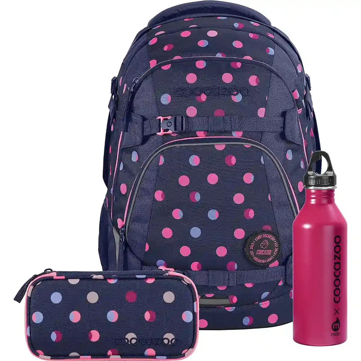 Das coocazoo MATE Schulrucksack-Set "Reflective Moons" von coocazoo enthält einen marineblauen ergonomischen Schulrucksack, ein Federmäppchen und eine rosa Flasche mit rosa und blauen Punkten sowie EASY GROW SYSTEM für mehr Komfort.