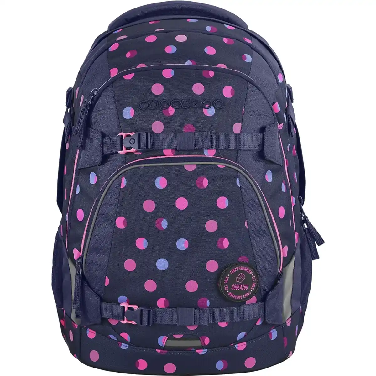 Das coocazoo MATE Schulrucksack-Set "Reflective Moons" von coocazoo besticht durch sein dunkelblaues Design mit rosa und lila Tupfen, mehrere Fächer und das innovative EASY GROW SYSTEM, hier von vorne.