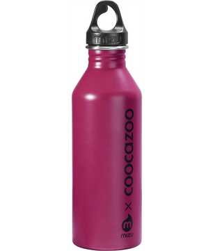 Pinkfarbene Metallflasche mit schwarzem Schraubverschluss und vertikalem coocazoo-Logo - das perfekte Accessoire für dein coocazoo MATE Schulrucksack-Set "Reflective Moons".