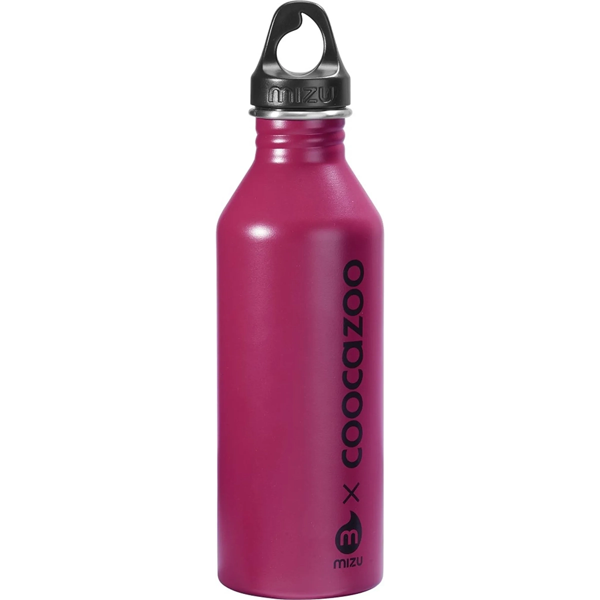Pinkfarbene Metallflasche mit schwarzem Schraubverschluss und vertikalem coocazoo-Logo - das perfekte Accessoire für dein coocazoo MATE Schulrucksack-Set "Reflective Moons".