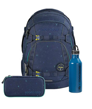 Das coocazoo MATE Schulrucksack-Set "Happy Raindrops" von coocazoo enthält ein Federmäppchen und eine Trinkflasche, mit dezenten Mustern, gelben Reißverschluss-Akzenten und einem EASY GROW SYSTEM für eine ergonomische Passform.
