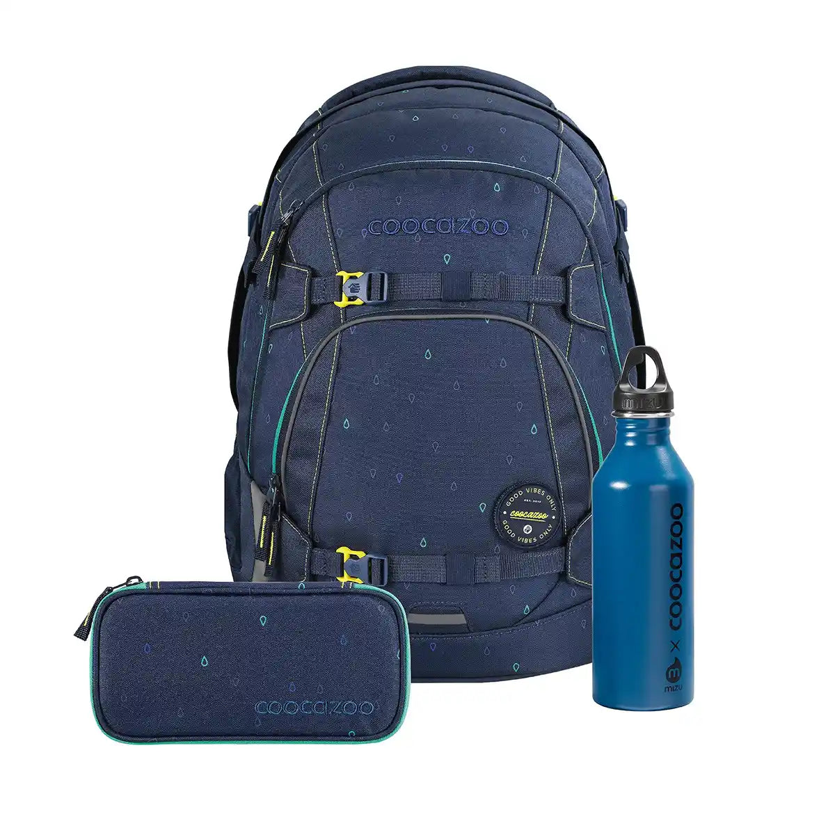 Das coocazoo MATE Schulrucksack-Set "Happy Raindrops" von coocazoo enthält ein Federmäppchen und eine Trinkflasche, mit dezenten Mustern, gelben Reißverschluss-Akzenten und einem EASY GROW SYSTEM für eine ergonomische Passform.