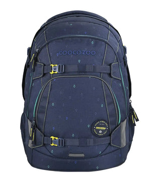 Das coocazoo MATE Schulrucksack-Set "Happy Raindrops" zeichnet sich durch ein marineblaues Design mit tealfarbenen Regentropfenmustern, gelben Reißverschlussgriffen und dem EASY GROW SYSTEM für ergonomischen Komfort aus.