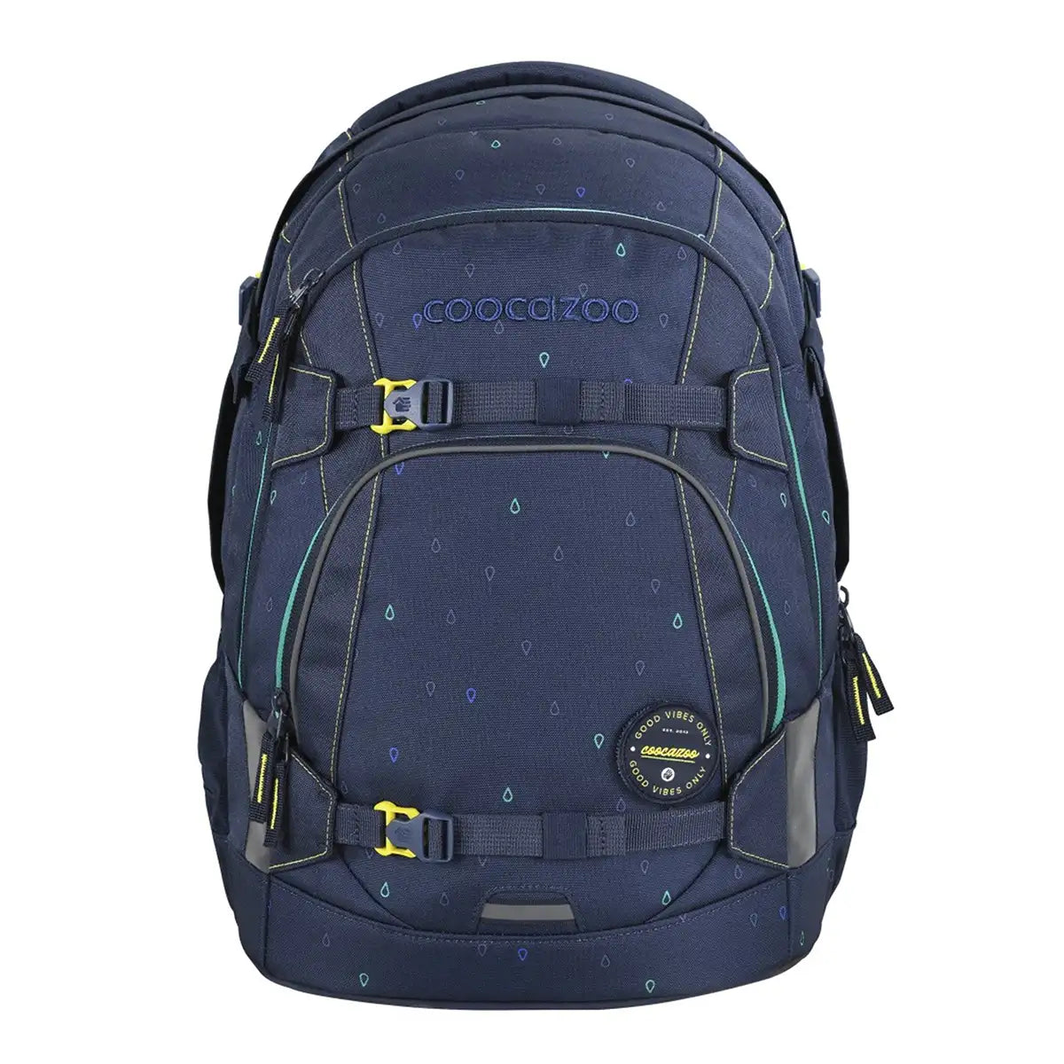 Das coocazoo MATE Schulrucksack-Set "Happy Raindrops" zeichnet sich durch ein marineblaues Design mit tealfarbenen Regentropfenmustern, gelben Reißverschlussgriffen und dem EASY GROW SYSTEM für ergonomischen Komfort aus.