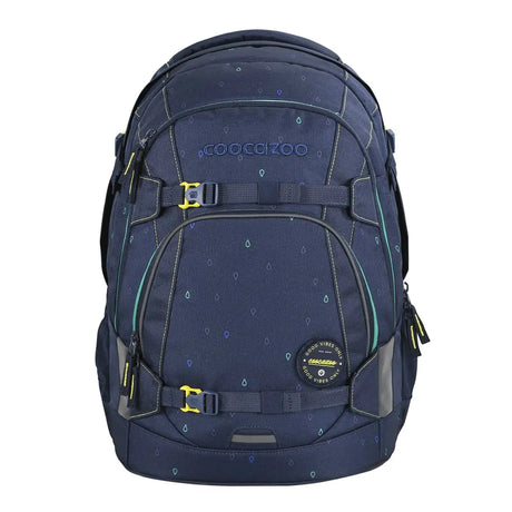 Das coocazoo MATE Schulrucksack-Set "Happy Raindrops" zeichnet sich durch ein marineblaues Design mit tealfarbenen Regentropfenmustern, gelben Reißverschlussgriffen und dem EASY GROW SYSTEM für ergonomischen Komfort aus.