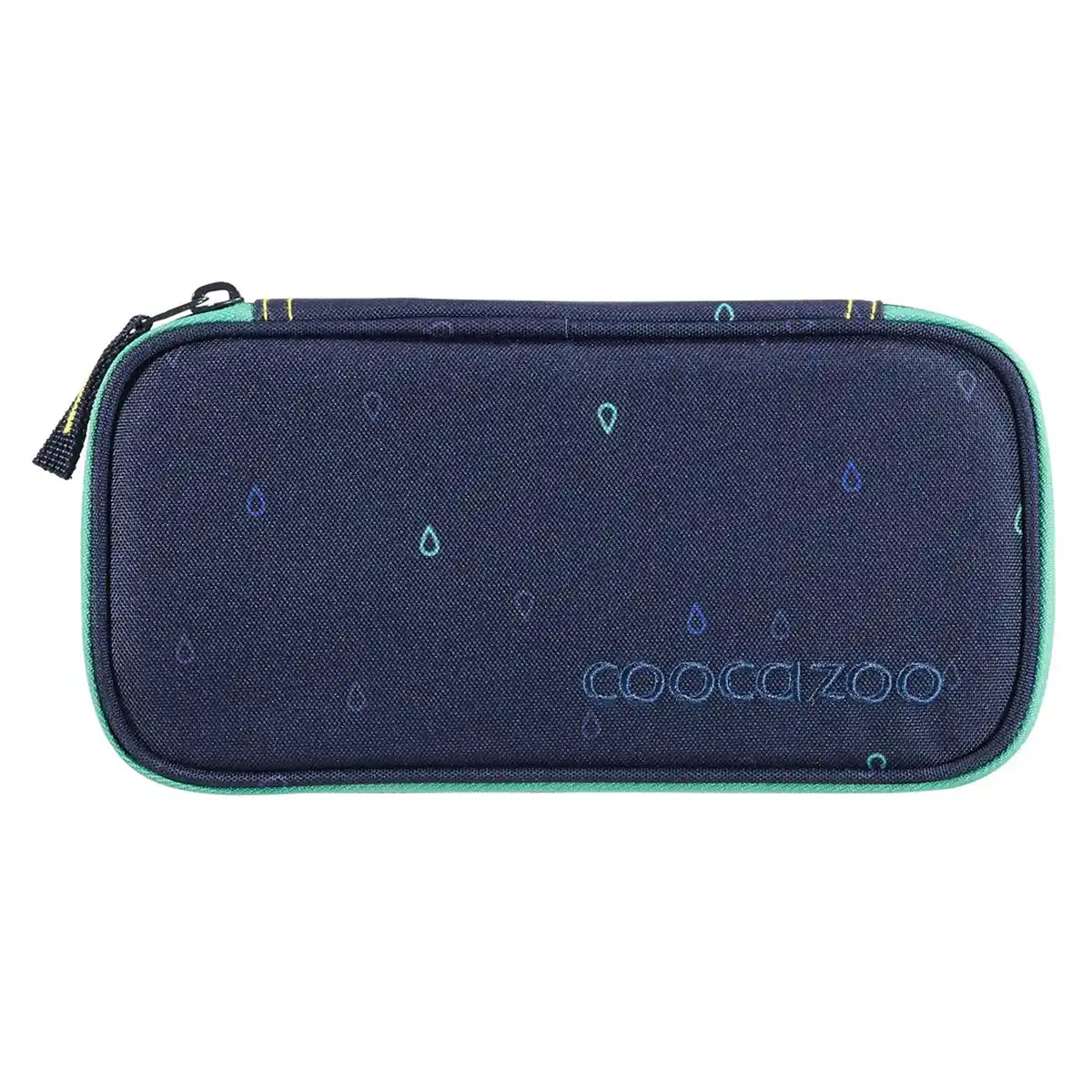 Dunkelblaues Mäppchen mit Reißverschluss und kleinen Tropfenmustern und coocazoo-Branding, perfekt passend zum coocazoo MATE Schulrucksack-Set "Happy Raindrops".
