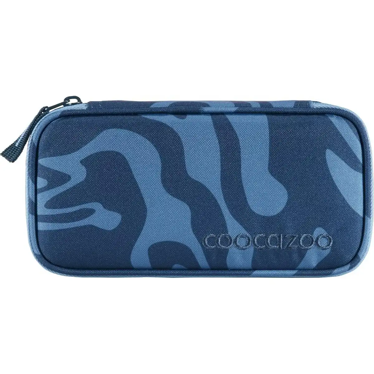 Rechteckiges blaues Camouflage-Reißverschlussmäppchen mit coocazoo-Logo, ideal passend zu deinem coocazoo MATE Schulrucksack-Set "Breaking Waves".