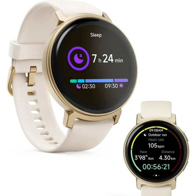Die Hama Arion Smartwatch in Gold von Hama verfügt über beigefarbene Armbänder und ein rundes digitales Display, das Ihre Schlaf- und Trainingsdaten anzeigt - ideal, um aktiv zu bleiben und Ihre Fitness zu verfolgen.