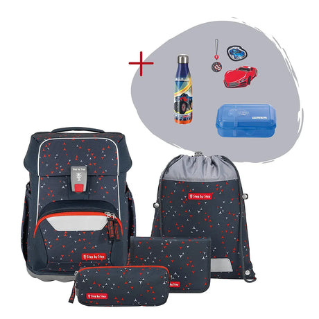 Das 7-teilige Step by Step BASIS Ranzen-Set "Anthrazit Triangles" für die Grundschule enthält Etui, Turnbeutel, Trinkflasche, Brotdose und Schlüsselanhänger - alles ergonomisch gestaltet.