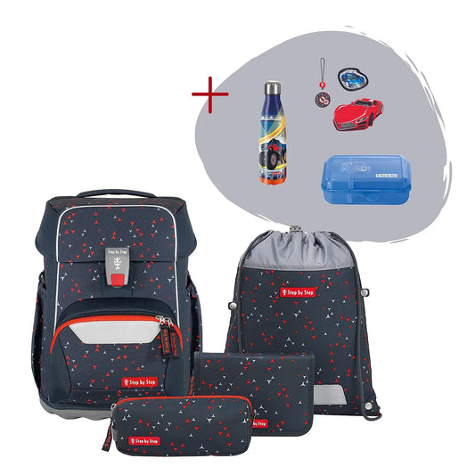 Das 7-teilige Step by Step BASIS Ranzen-Set "Anthrazit Triangles" für die Grundschule enthält Etui, Turnbeutel, Trinkflasche, Brotdose und Schlüsselanhänger - alles ergonomisch gestaltet.