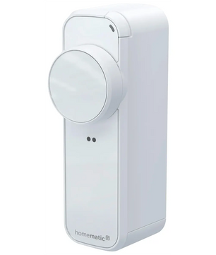 Weißer Homematic IP Pro Türschlossantrieb von Homematic mit rundem Knauf und minimalistischem Design – perfekt für die moderne Haustürautomatisierung.