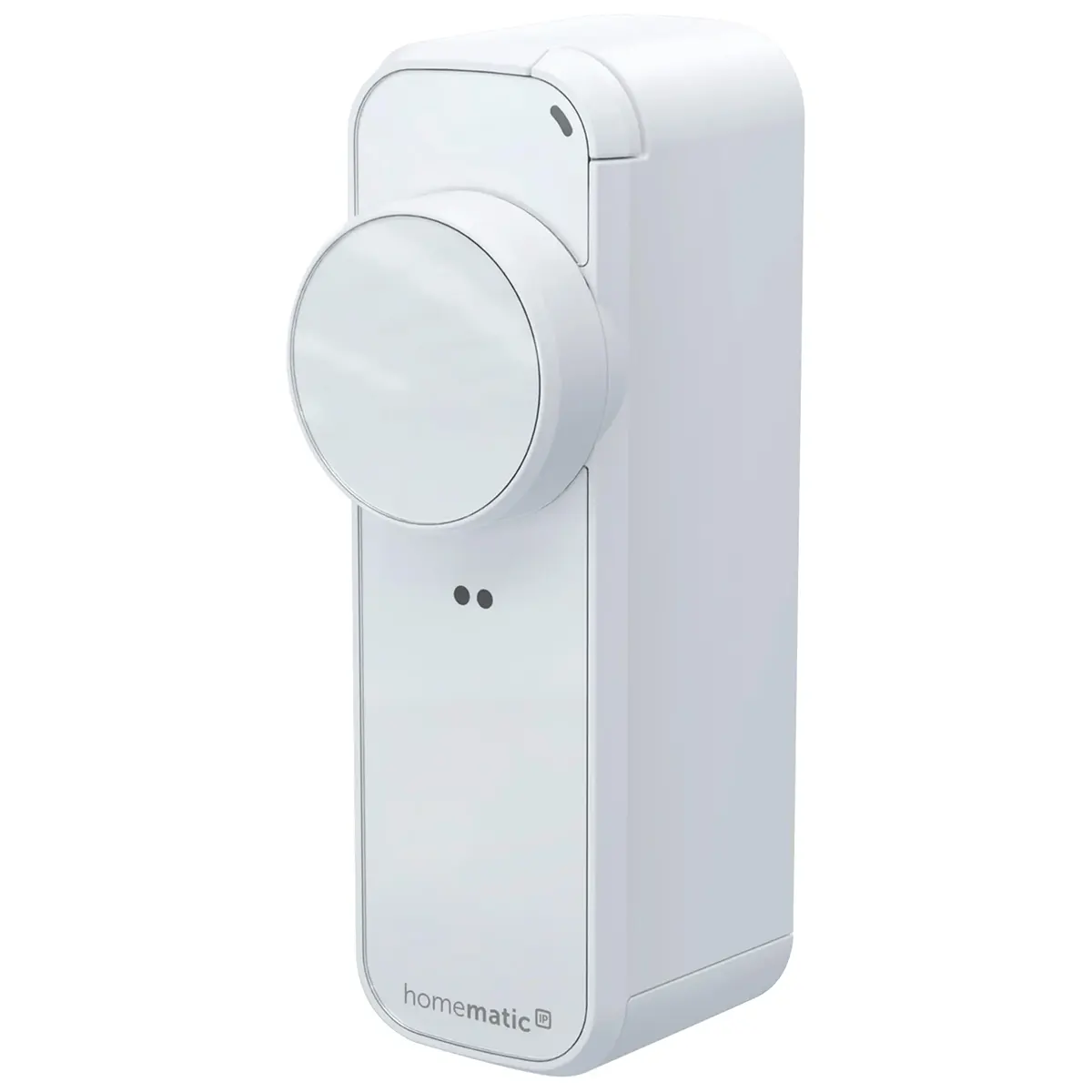 Weißer Homematic IP Pro Türschlossantrieb von Homematic mit rundem Knauf und minimalistischem Design – perfekt für die moderne Haustürautomatisierung.