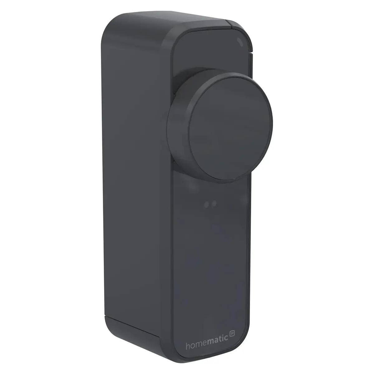 Elegantes, schwarzes Smart-Türschloss mit rundem Knauf, auf dessen Unterseite „Homematic“ aufgedruckt ist. Der Homematic IP pro Türschlossantrieb – schwarz bietet eine bequeme und sichere automatische Türverriegelung für moderne Haushalte.